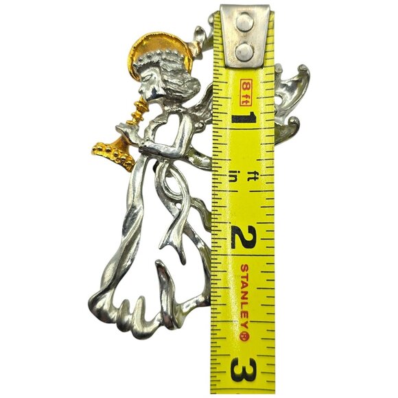 Vintage Angel Trumpet Brooch Pin Silver & Gold Tone Religious Jewelry Signed - Picture 4 of 5